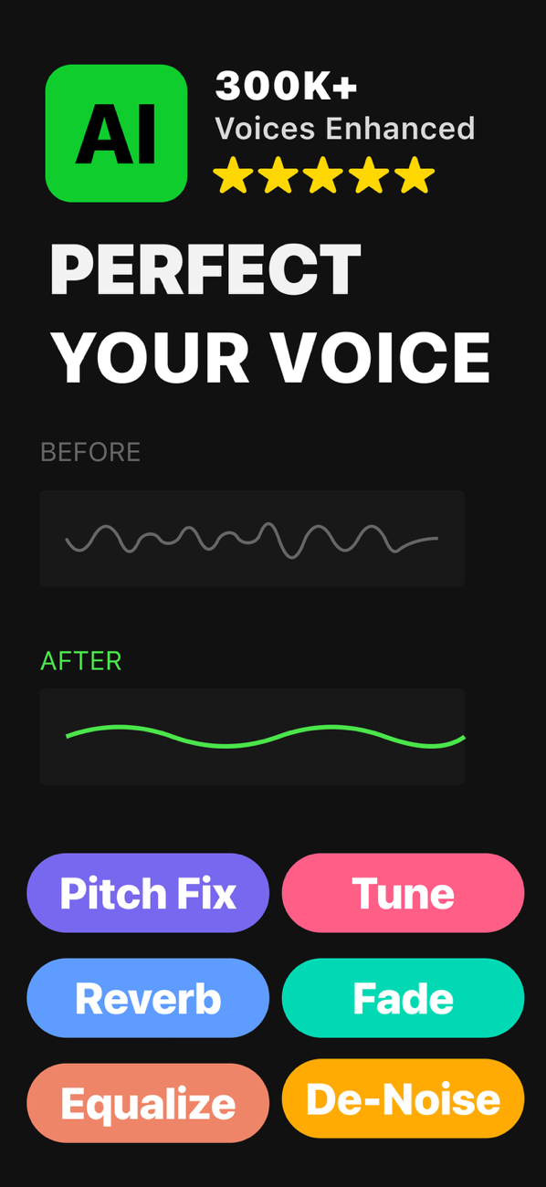 Voice Tune pitch correction app for iPhone — before and after AI voice enhancement with Pitch Fix, Tune, Reverb, and De-Noise