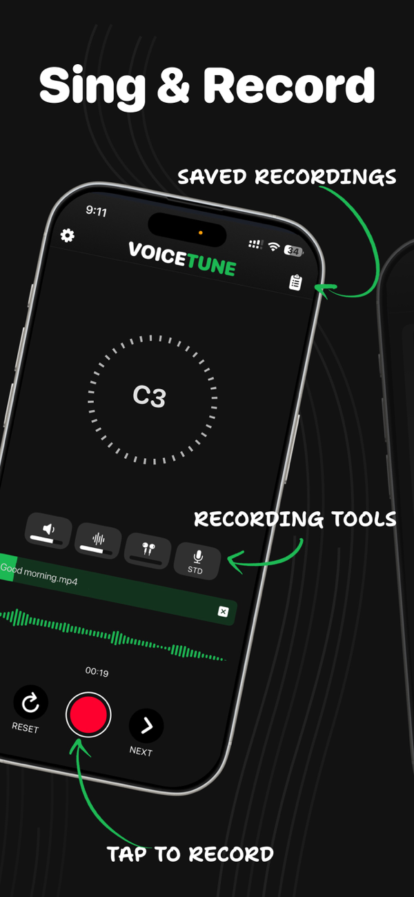 Sing and record screen in Voice Tune with live pitch note detection on iPhone