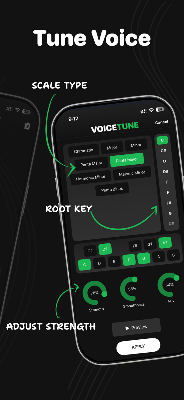 Tune Voice screen — choose scale type, root key, and tuning strength in Voice Tune
