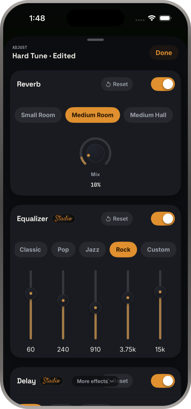 Voice Tune Adjust sheet with reverb rooms and mix knob, a five-band equalizer set to Rock, and delay