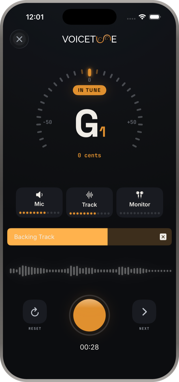 Voice Tune recording screen on iPhone with the live tuner reading G in tune, Mic, Track and Monitor level chips, and a backing track loaded