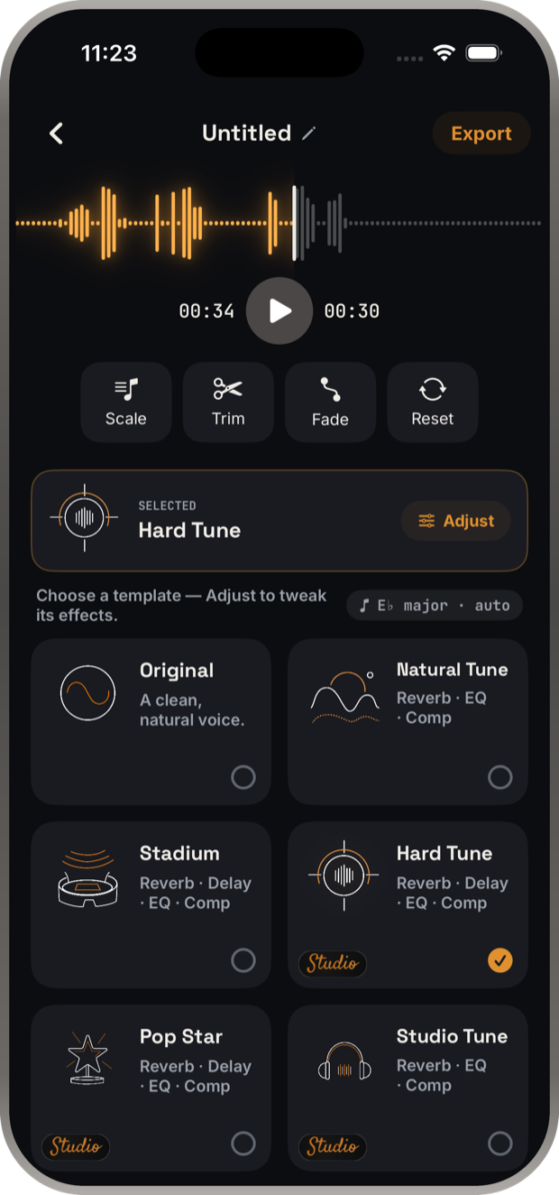 Voice Tune editor showing the tuned waveform, Scale, Trim, Fade and Reset tools, and the template grid with Hard Tune selected